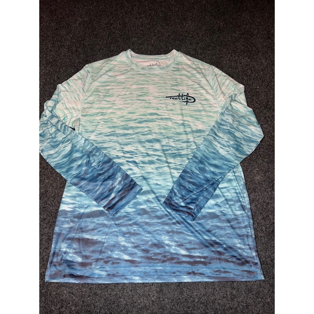 Reel Life Mens Large Fishing Shirt Blue Water Print Long Sleeve Performance Tee